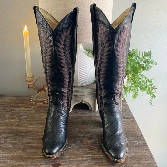 LARRY MAHAN Vtg Eel Skin Exotic Tall Knee High Cowgirl Cowboy Western Boots 6.5B - Picture 2 of 16
